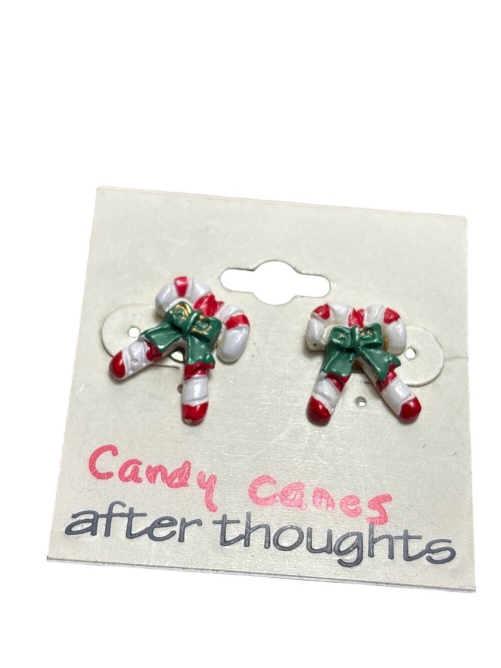 Vtg 90s Afterthoughts Candy Cane Stud Earrings Red White Green Bows 0.5 inch